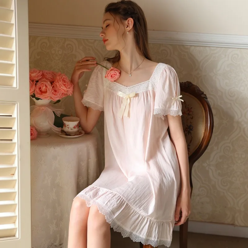 

Милая короткая ночная рубашка принцессы, тонкий сладкий хлопок с ретро-дизайном, свободная ночная рубашка, кружевная лоскутная сказочная пижама для девочек