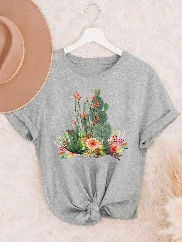 Cactus Plant Lovely Style Cute Women Lady Print T Top Clothing Tee Summer Casual Cartoon Graphic Cartoon Fashion Tshirts T-Shirt