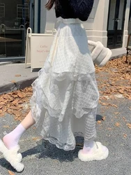 Zoki Sweet Lace White Long Skirt Women Elegant High Waist Irregular Skirts Korean Fashion Slim Female Casual Design A Line Skirt