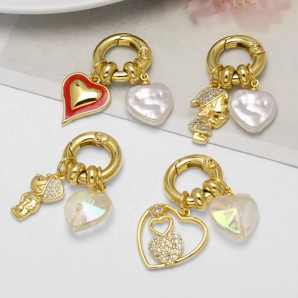 OCESRIO Cute Heart Charms for Necklace Gold Plated Copper Faux Pearl Bear Pendant Carabiner Jewelry Making Supplies pdtb933
