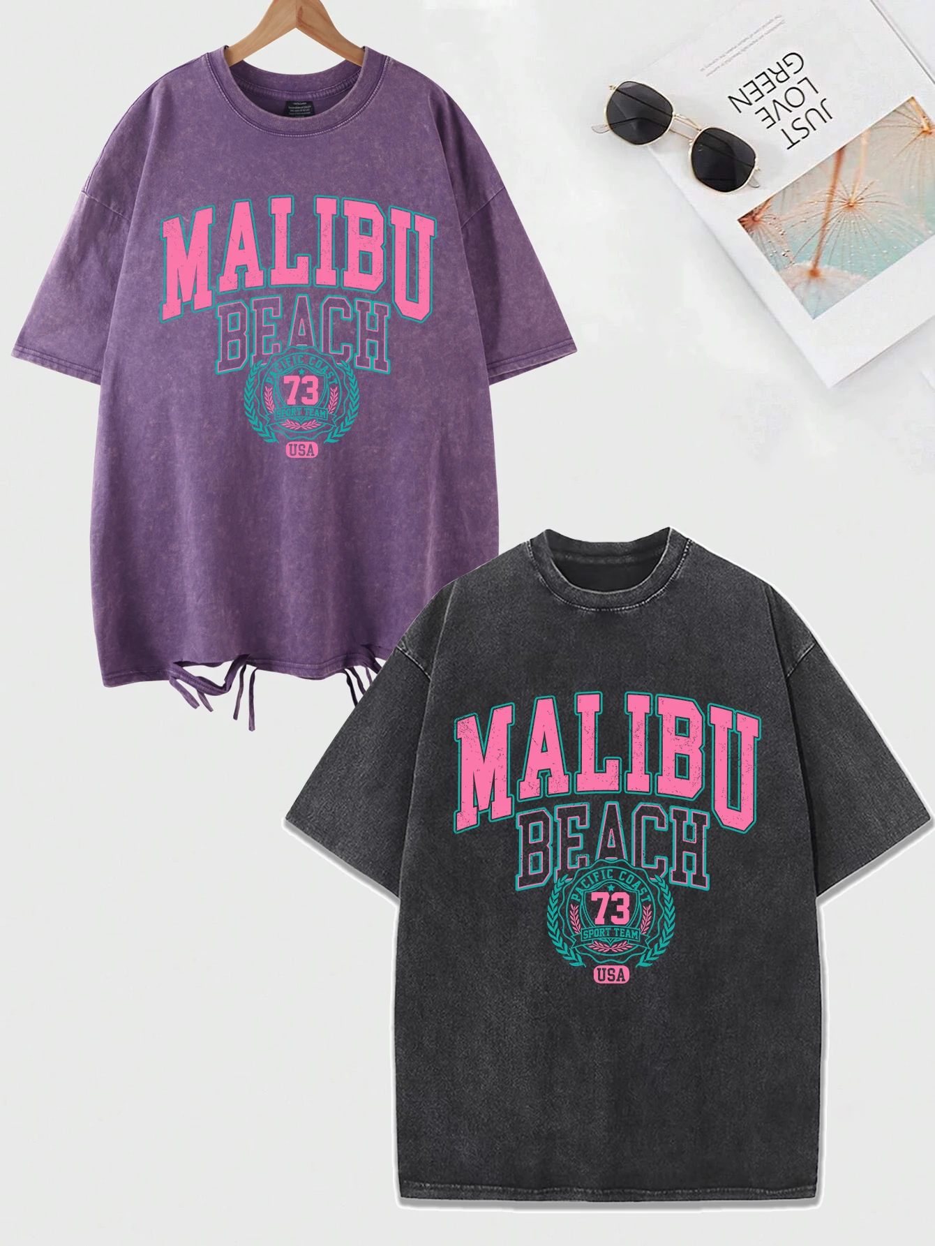 Malibu Beach Washed T-Shirt Women Letter Printing Cotton T Shirt Comfortable Crewneck Tops Casual Oversized Tees Female Clothes