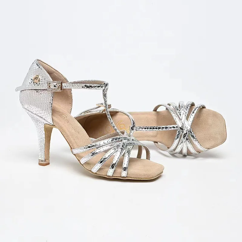 Venny Zapatos de baile latino, zapatos de salón profesionales plateados con suela flexible para mujer para competición Rumba Cha