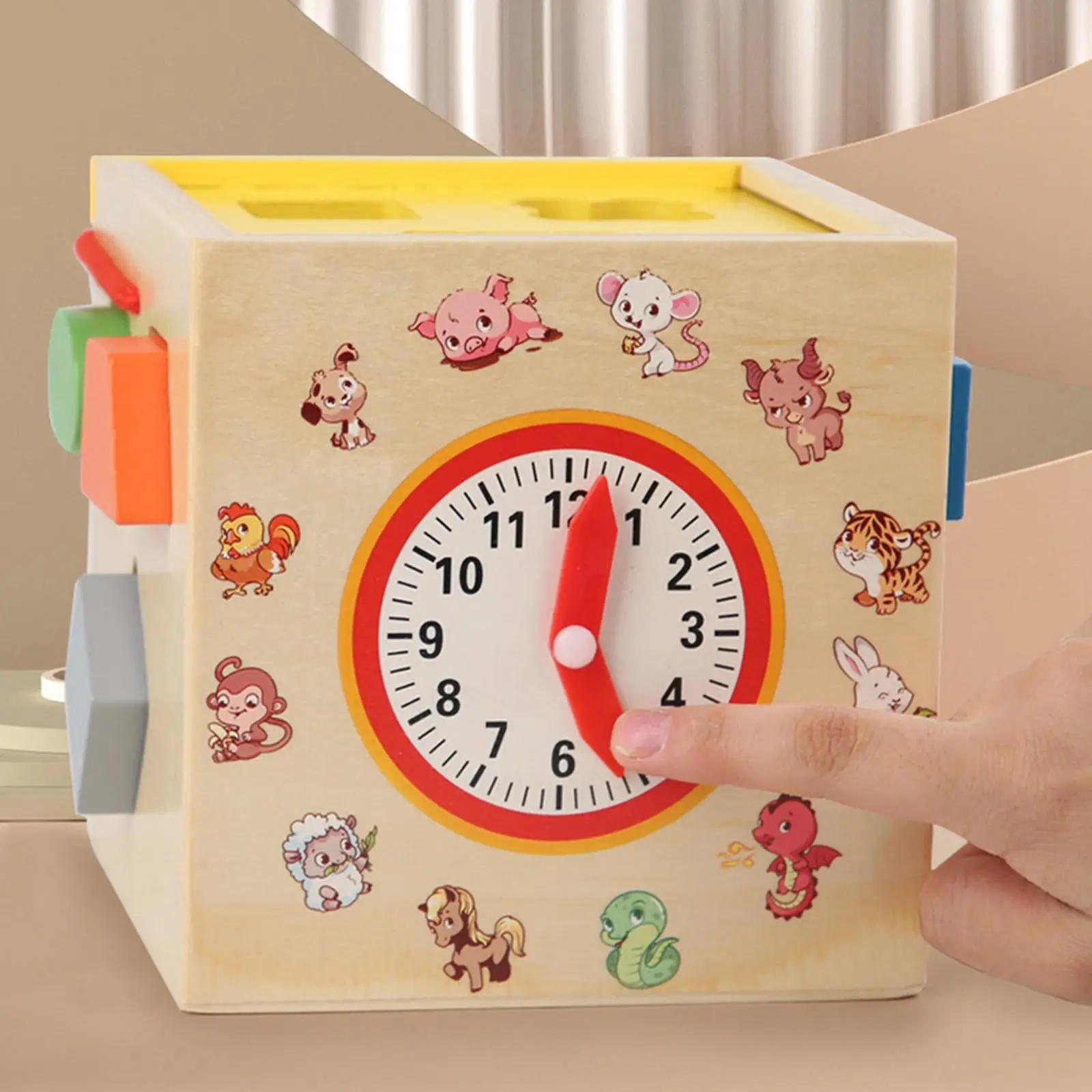 Wooden Activity Center Shape Sorting Cube Toy Box, Matching Interactive 12 Building Blocks, Wooden Activity Busy Cube