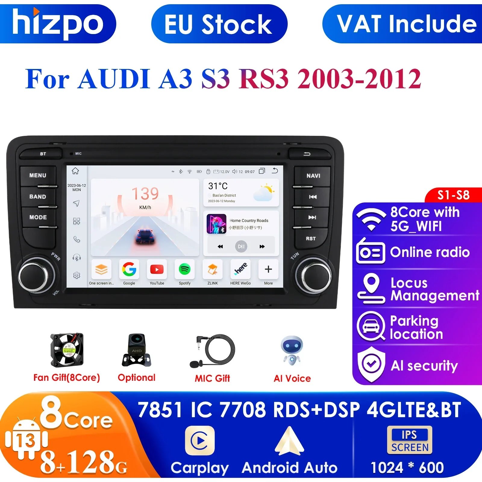 7'' 7862 QLED Bildschirm 2din Android Auto Radio Multimedia Video Player für Audi RS3 Sportback A3