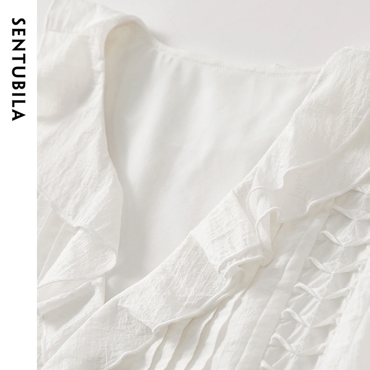 SENTUBILA Elegant Ruffles White Blouse For Women 2025 Spring Straight Chiffon V Neck Puff Sleeve Folds Pullover 142V54948