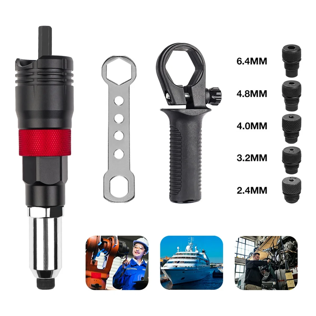 2.4-6.4mm Electric Rivet Nut Adapter Automatic Riveting Nail Cordless Riveting Tools with Wrench and Handle