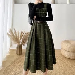 Autumn Winter Lady fashion Overalls 2 Piece Set Dress Women Turtleneck Knitted Sweater Top + Plaid Tweed Slim Big Swing Dress