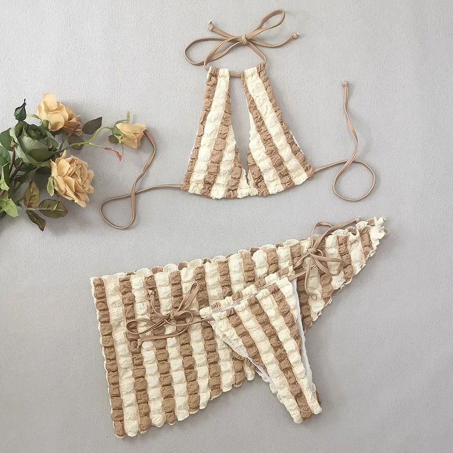 

Three Piece Bikini Women 2024 Patchwork Color Lattice Swimsuit Skirt Bathing Suit High Waist Thong Summer Beachwear Swimwear New