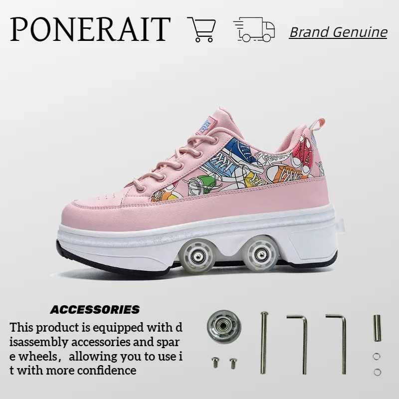 PONERAIT Double-Row Deformation Shoe One Click Folding Four wheels Roller Skate Shoe Outdoor Casual Fashion Children Sneaker