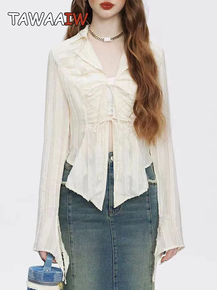 Tawaaiw Fairycore Blouse Women Clothes 2023 New Turn-down Collar Lace Up Women Shirt Long Sleeve Ladies Tops Korean Style Chic