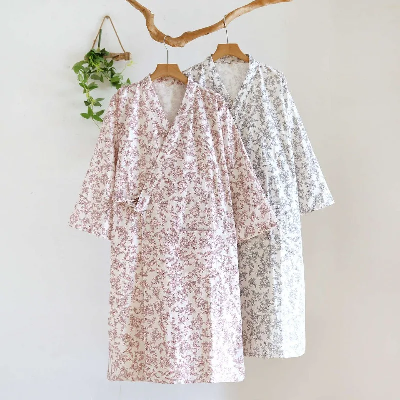 Women Pure Cotton Gauze Kimono Robe Lightweight Breathable Small Floral Print V Neck Wrap Loungewear Home Wear Bathrobe