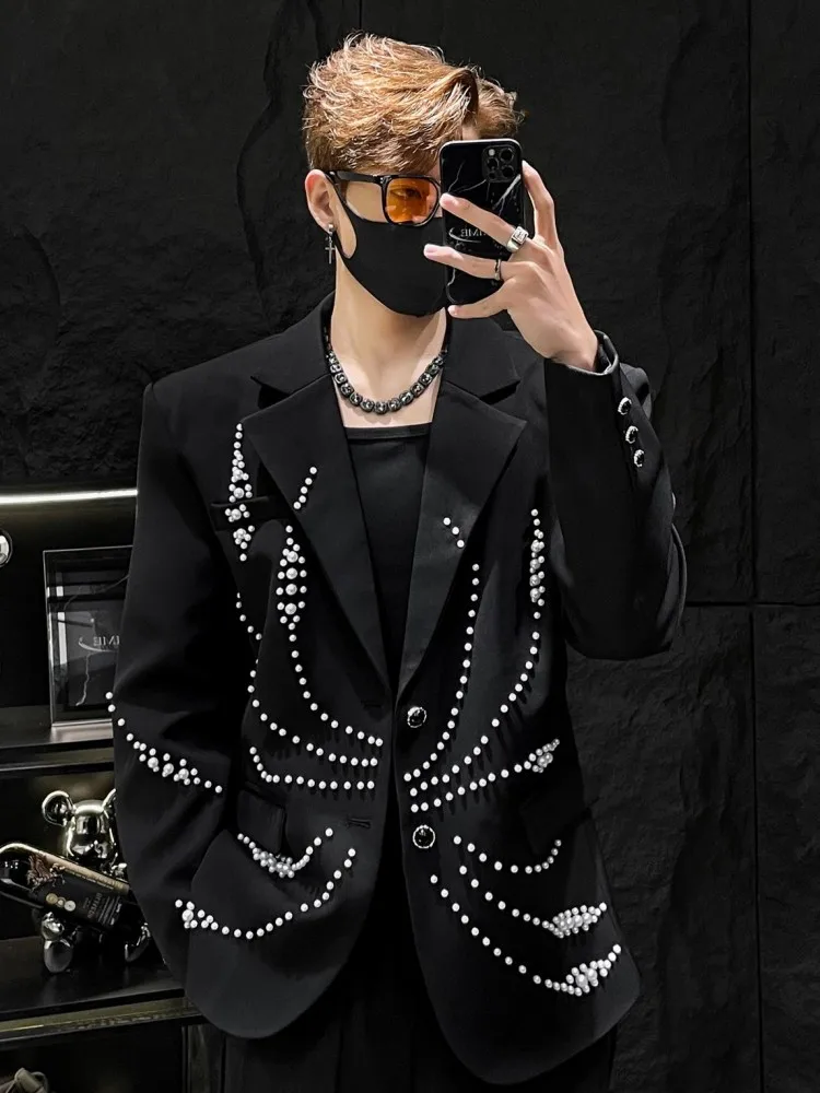Mens Spring Autumn Fashion Black Suit Jacket Korean Style Pearls Designer Long Sleeve Casual Single Breasted Party Blazers Coat