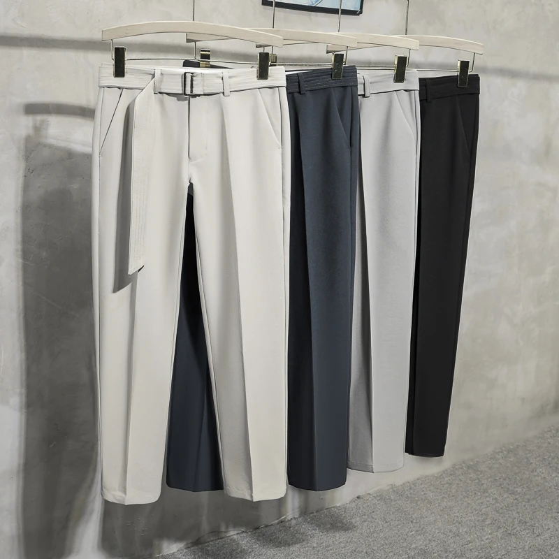 

Casual Youthful Men's Waist Belted Straight Leg Pants Drapey Sle Versatile Loose Fit Summer Long Trousers for Teens