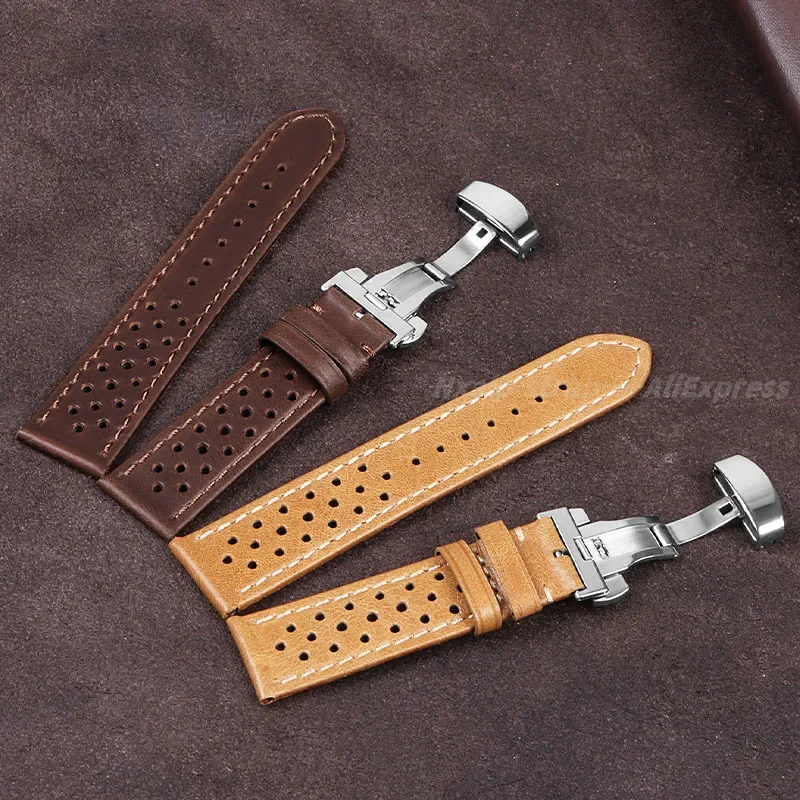 Vintage Cowhide Watchband 18mm 20mm 22mm Breathable Matte&Oil Leather Watch Strap Butterfly Buckle Men Women Universal Bracelet