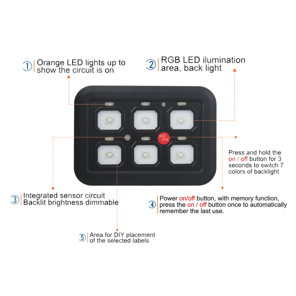 12V-24V LED 6 Gang Switch Panel 600W-1200W Circuit Control Relay System Box Slim Touch Control Panel for Boat Jeep UTV Caravan