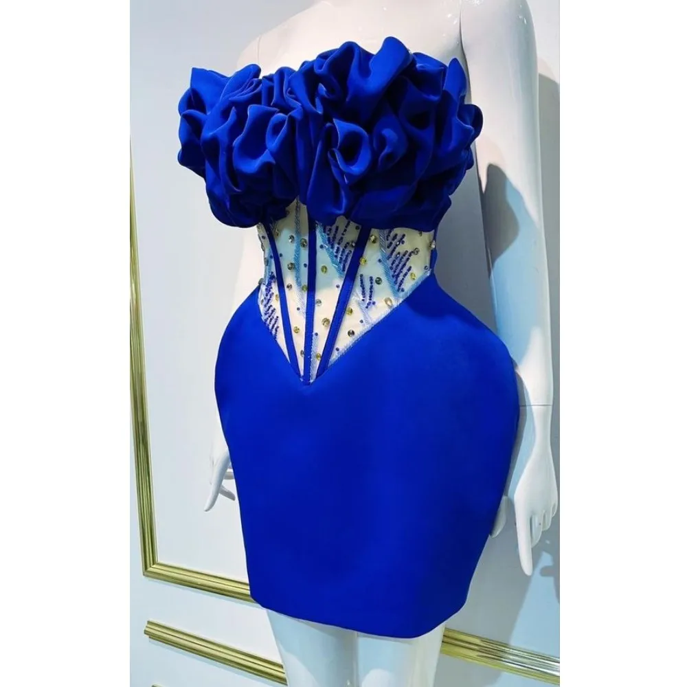 Real Image Royal Blue Stretchy Sheath Mini Women Maxi Dresses To Party Shiny Crystal Floral Short Female Dress