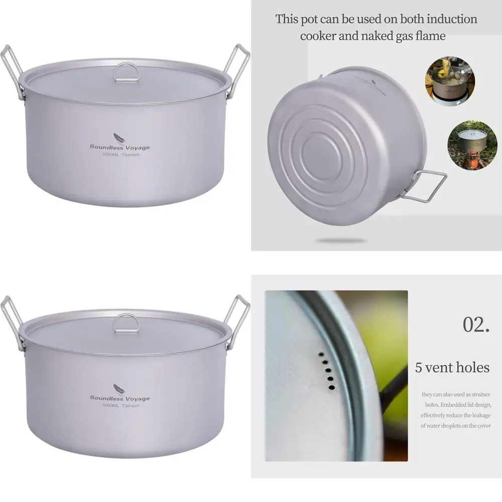 

5L Titanium Pot with Lid and Folding Handle - Ideal for Camping, Hiking, Picnics, and Home Cooking