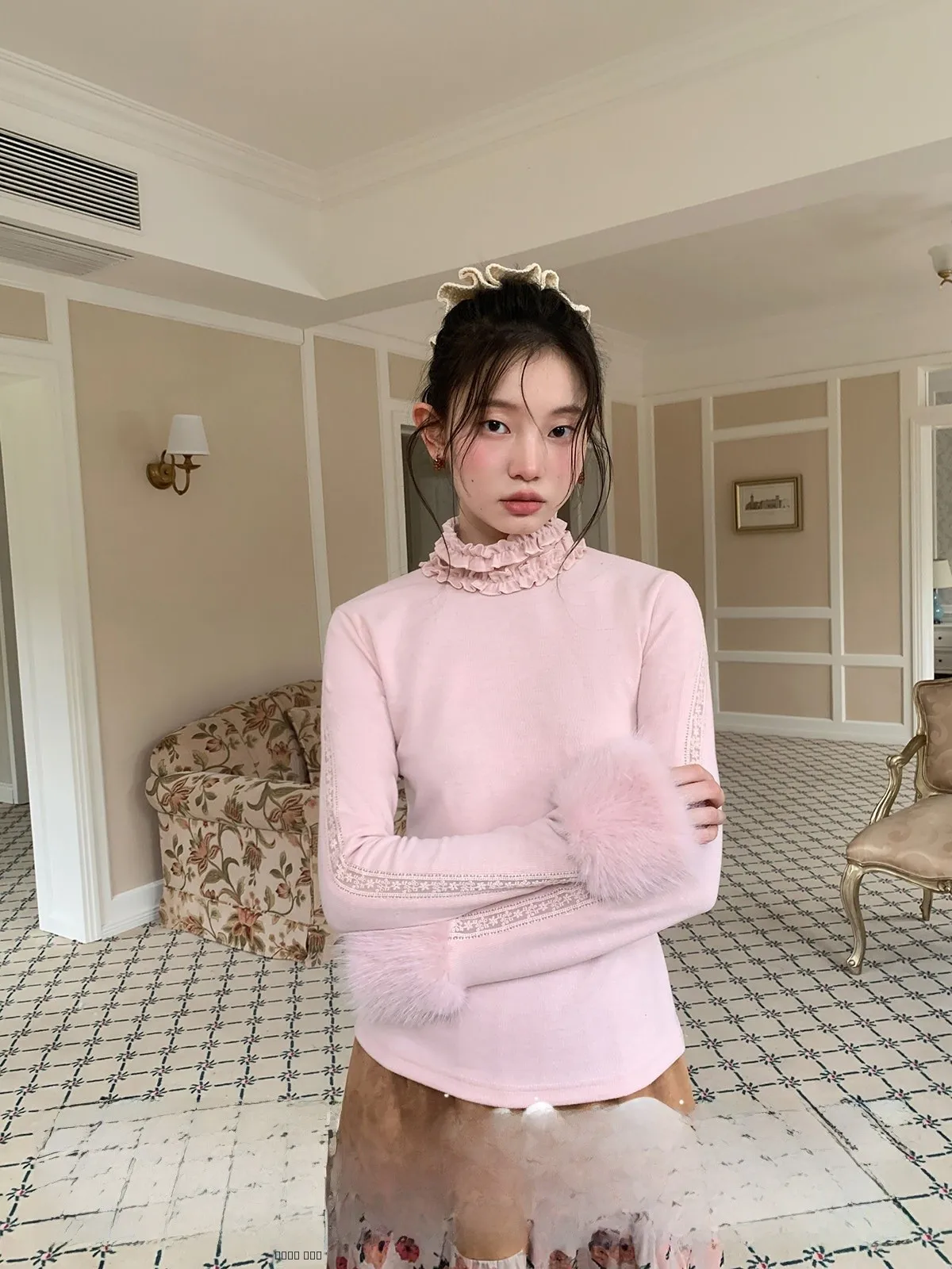 

Chese Day Initial Peach Pink Furry Cuff Base irt Women's Winter Floral Collar Design Versatile Top Casual Sle Long Sve