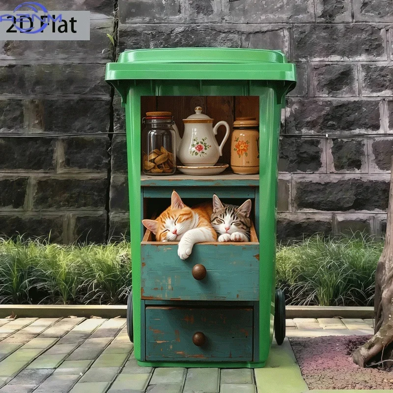 [2D Flat Printing] 1pc Trash Can Sticker  X  Cm Drawer Sleeping Cats Theme Design Self-Adhesive Wall Decoration Kitchen Trash