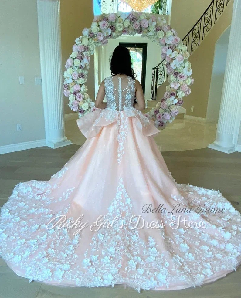 Luxurious Pink Flower Girl Dress Sleeveless Lace Appliques Pearls Skirt For Pageant Birthday Party Ball Gown Customized