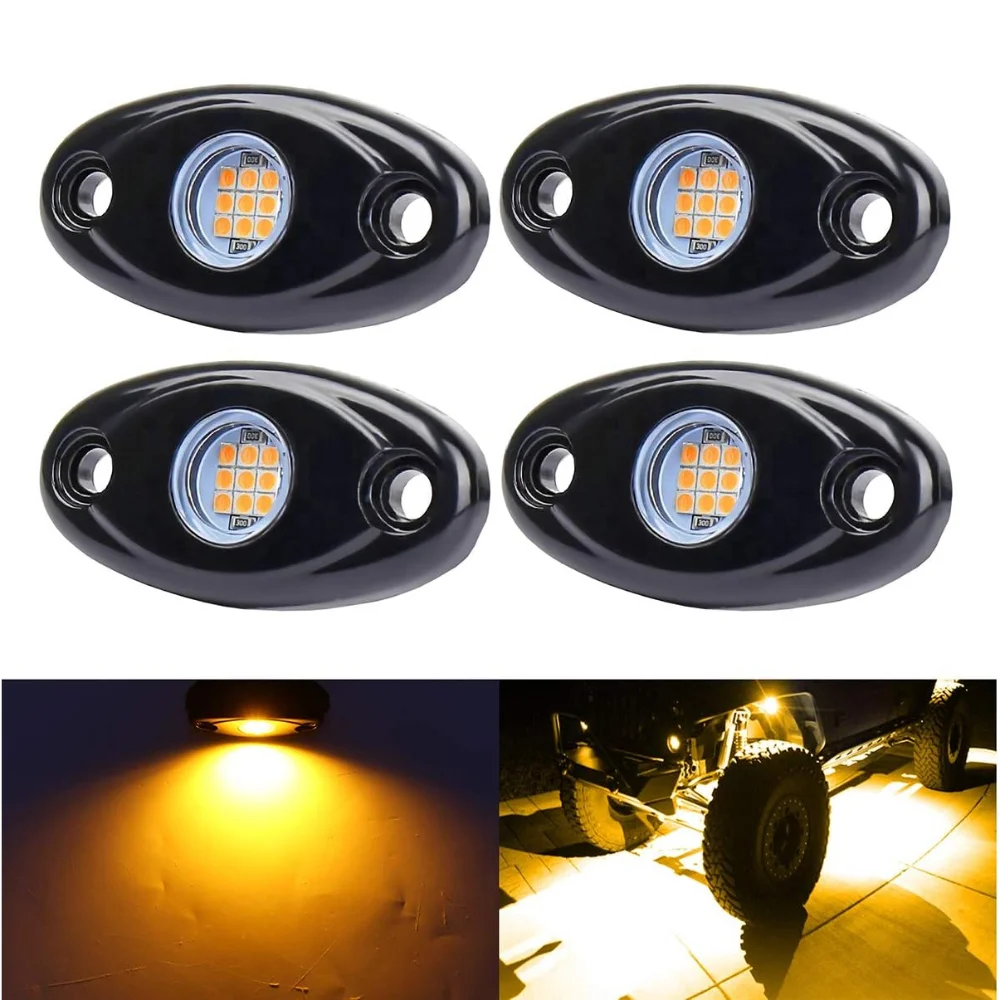 

Yellow LED Rock Lights 4 Pods Neon 12V Waterproof Underglow Underbody Kit Crawler Crawling Dome Exterior Wheel Lights for ATV