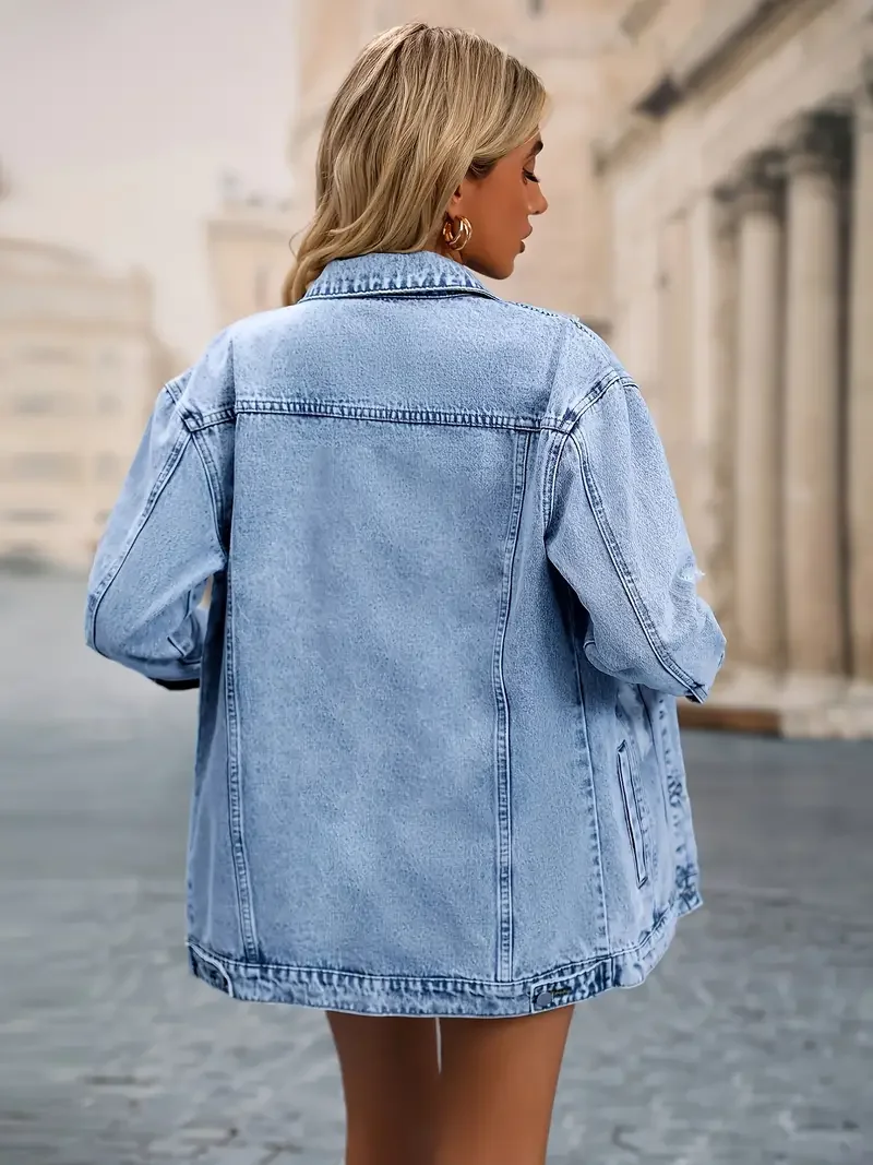 Women Ripped Pocket Denim Top, Button Open, Long Sleeve Lapel Denim Jacket