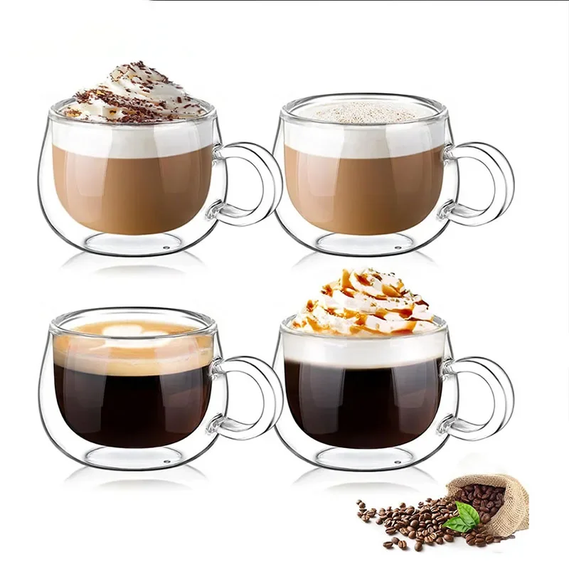 Ywdl 100/200ml conjunto de copo de café de vidro de parede dupla copos de café expresso transparentes com alça copo de vidro resistente ao calor para leite latte chá