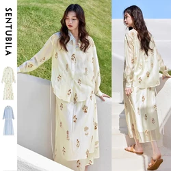 SENTUBILA Shirt Skirt Sets Women Outfit Loose Embroidery Lace Up Shirt Elastic Waist Skirt Lyocell New Match Sets 2026 151Z58161