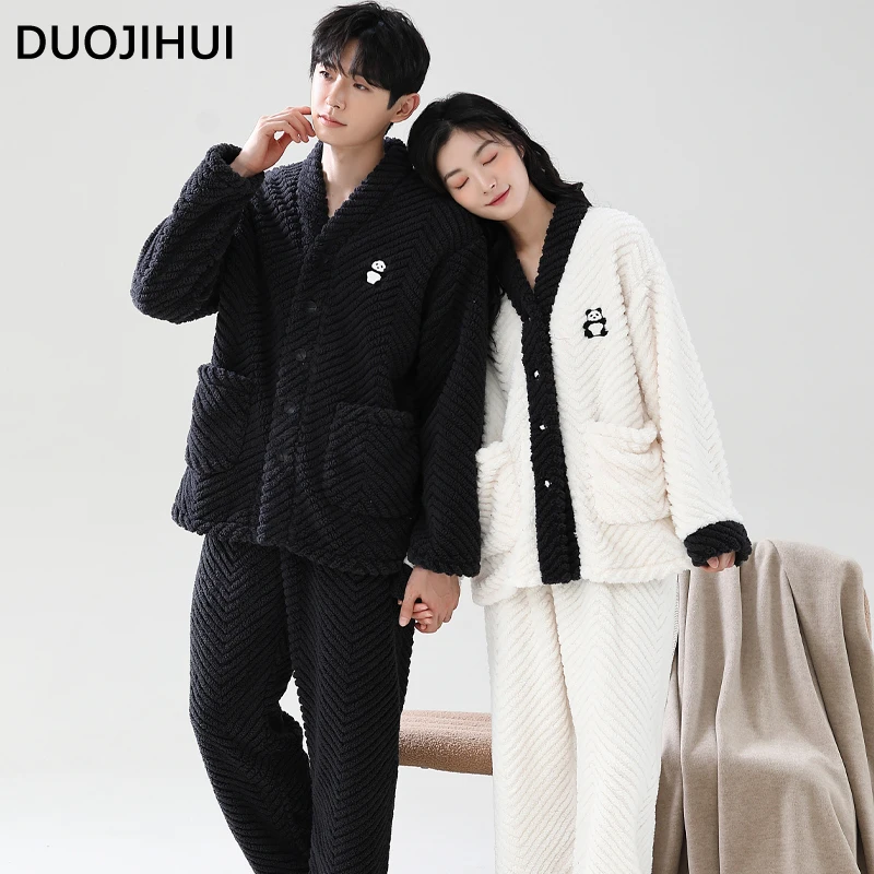 DUOJIHUI New Couple Clothes Winter Soft Pajamas for Women Chic Print Basic Pocket Loose Simple Casual Fashion Female Pajamas Set