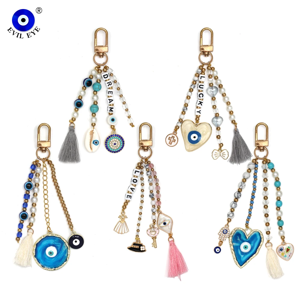 EVIL EYE Heart Turkish Evil Eye Pendant Keychain Multi Color Tassel Letter Beads Key Chain Bag Car Keyring for Women Men Jewelry