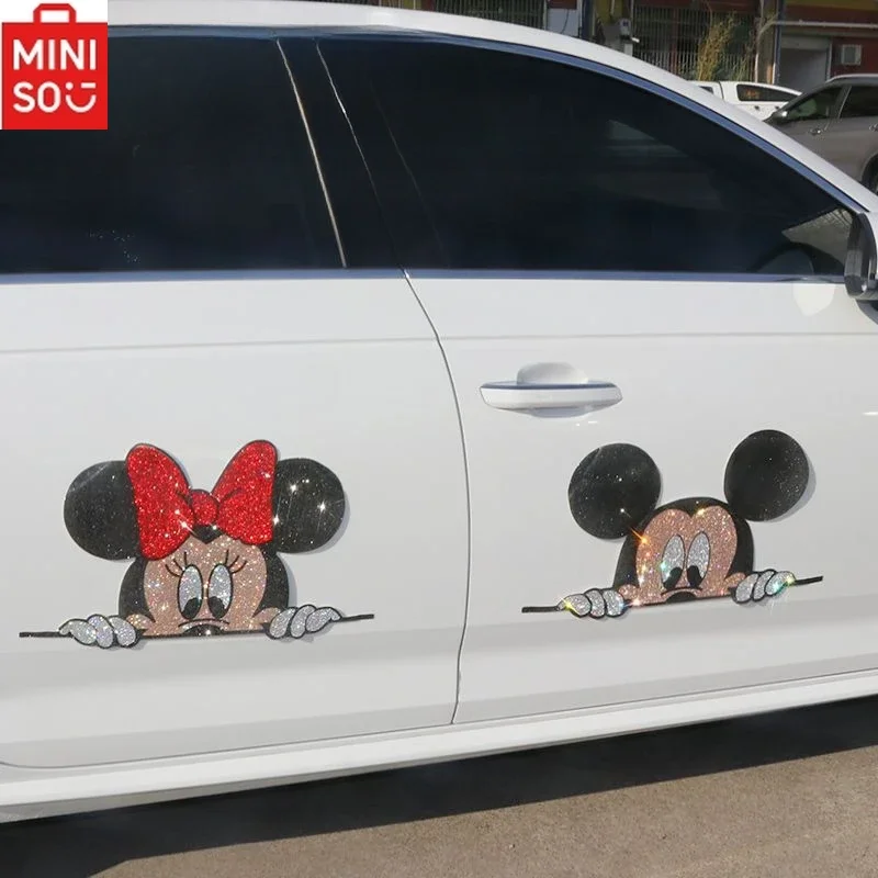 

MINISO Disney Mickey Minnie Car Crystal Diamond Stickers Cartoon Mickey Mouse Car Hood Trunk Couple Car Cute Decoration Stickers