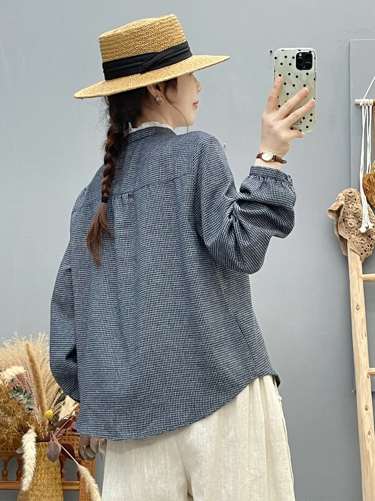 Novo 2025 outono algodão manga longa camisa escovada, feminino suporte xadrez babados, mori menina moda ol casual blusa solta t58979cc