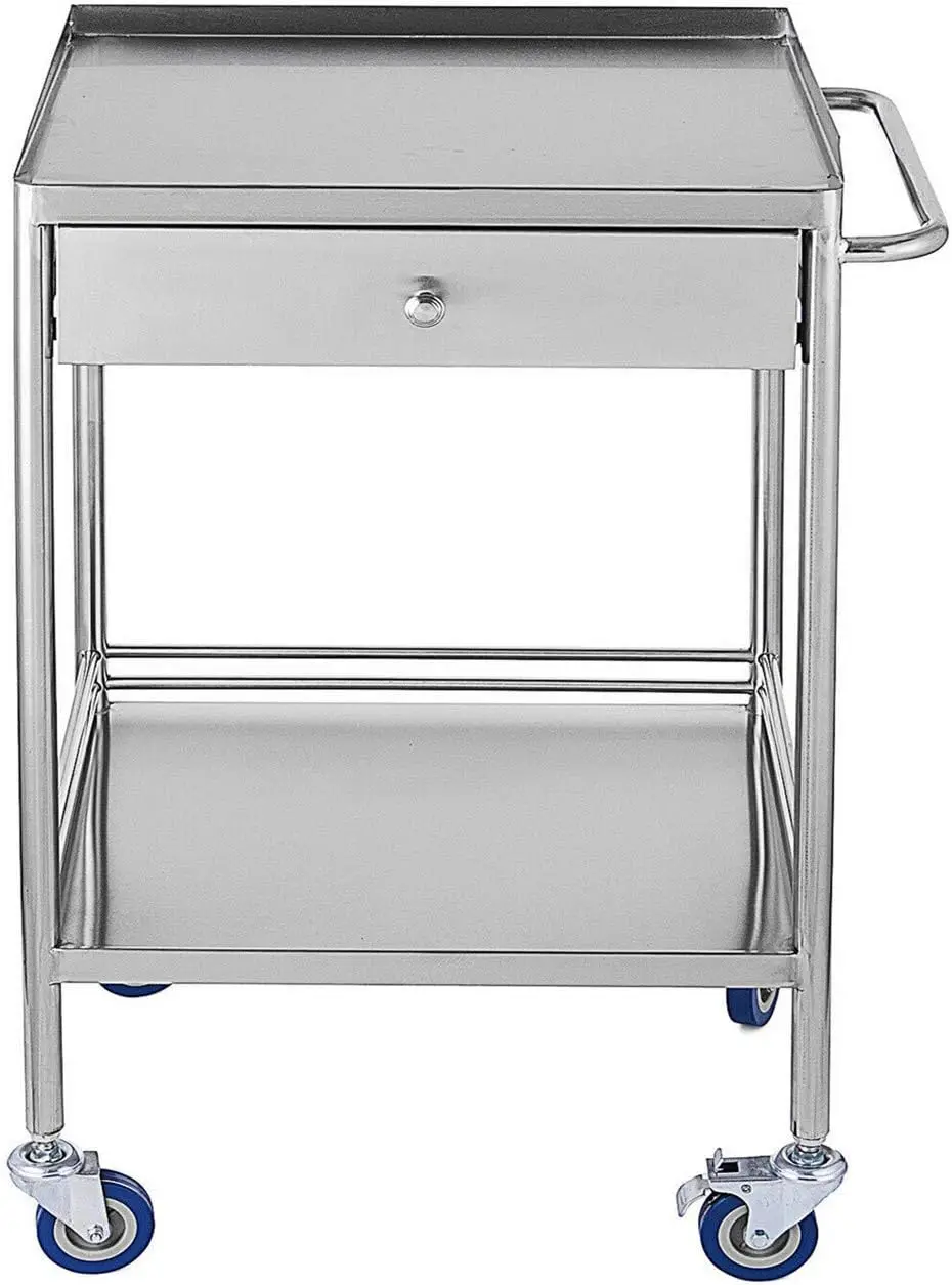 2 Layers Serving Cart Trolley Stainless Steel 	Mobile Equipment with Drawers and Wheels