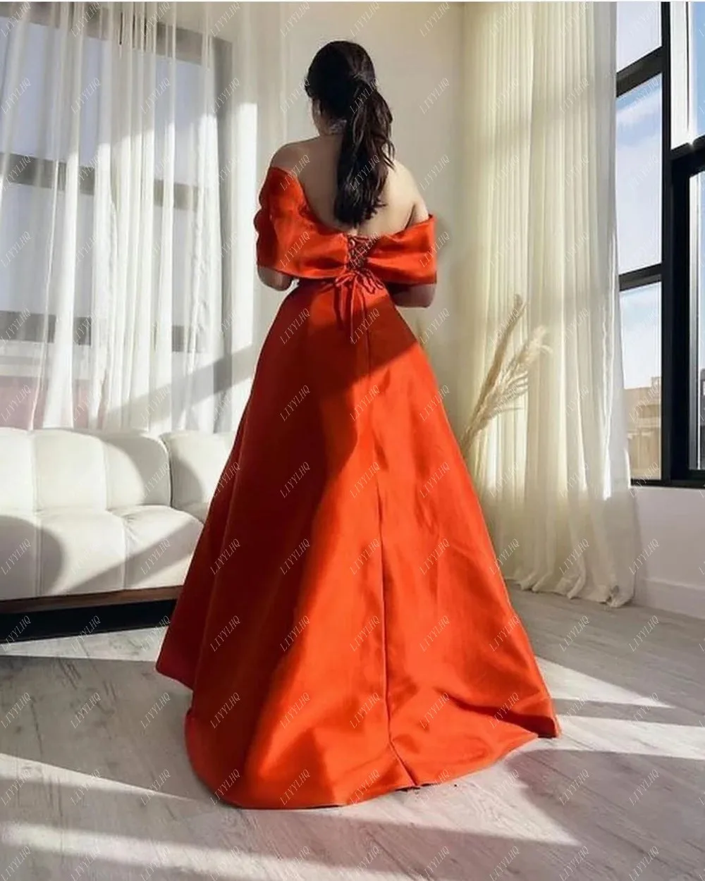 Liyylhq Lange Oranje Galajurken Elegante Off-Shoulder A-Line Avond Met Korte Mouwen Satijnen Formele Gelegenheid Jurk Voor Dames 2024