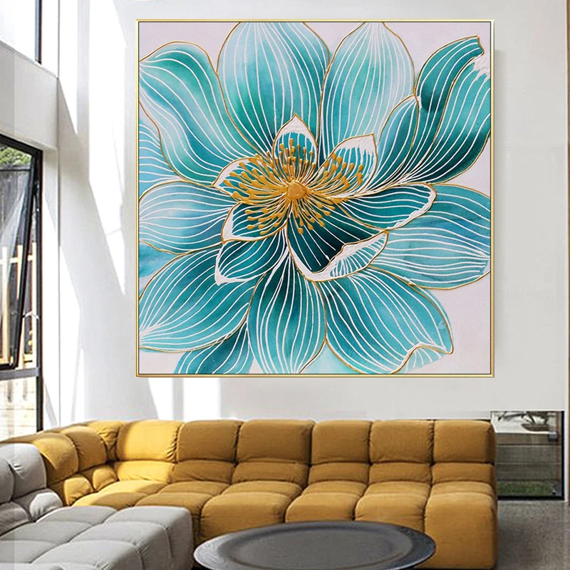 Lotus Gold-Line Oil Paintings 100% Handmade Flowers Wall Art On Canvas Abstract Style Home Decoration For Living Room Bedroom