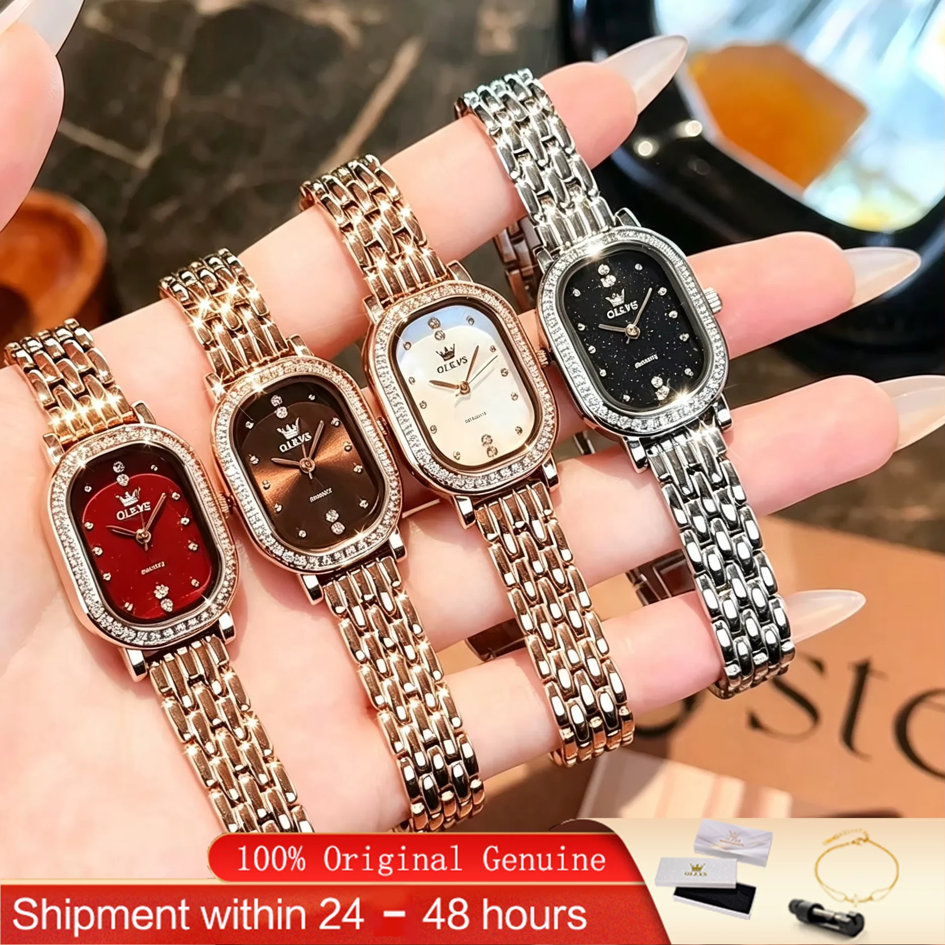 OLEVS Women Watch Diamond Bezel Ultra-Thin Oval Quartz Ladies Wristwatch Leather Steel Multicolored Watches For Woman 5697