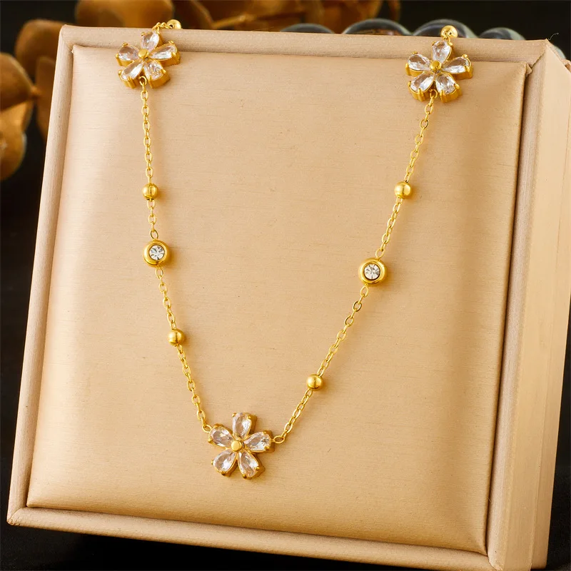 Crystal Flower Jewelry Set Daisy Clear Necklace Earrings Bracelet Perfect Women’s Jewelry Stainless Steel Chain Chokers Gifts