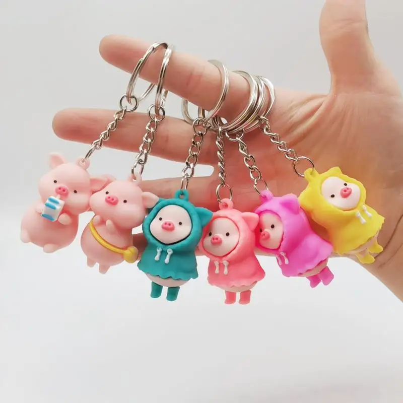 Cartoon Cute Raincoat Piggy Doll Keychain Holding Milk Pig Key Ring School Bag Backpack Car Key Pendant Key Chain Gift