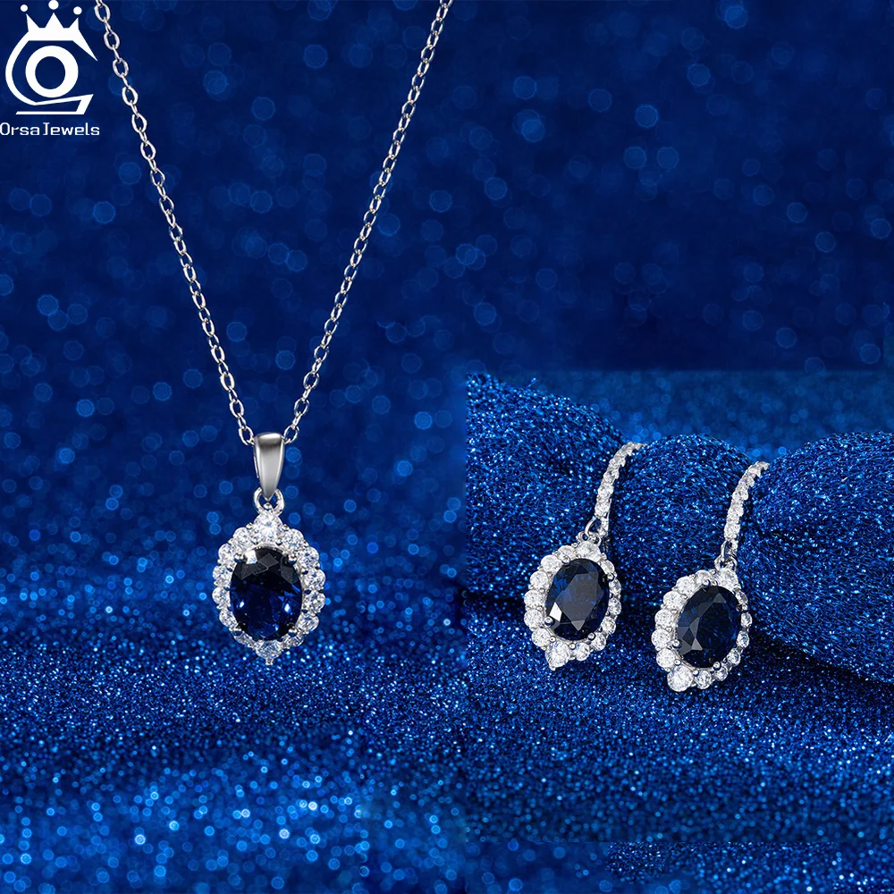 

ORSA JEWELS Elegant 925 Sterling Silver Sapphire Blue Pendants Necklace Earrings Zircon Wedding Jewelry Set For Women 45cm LZN06
