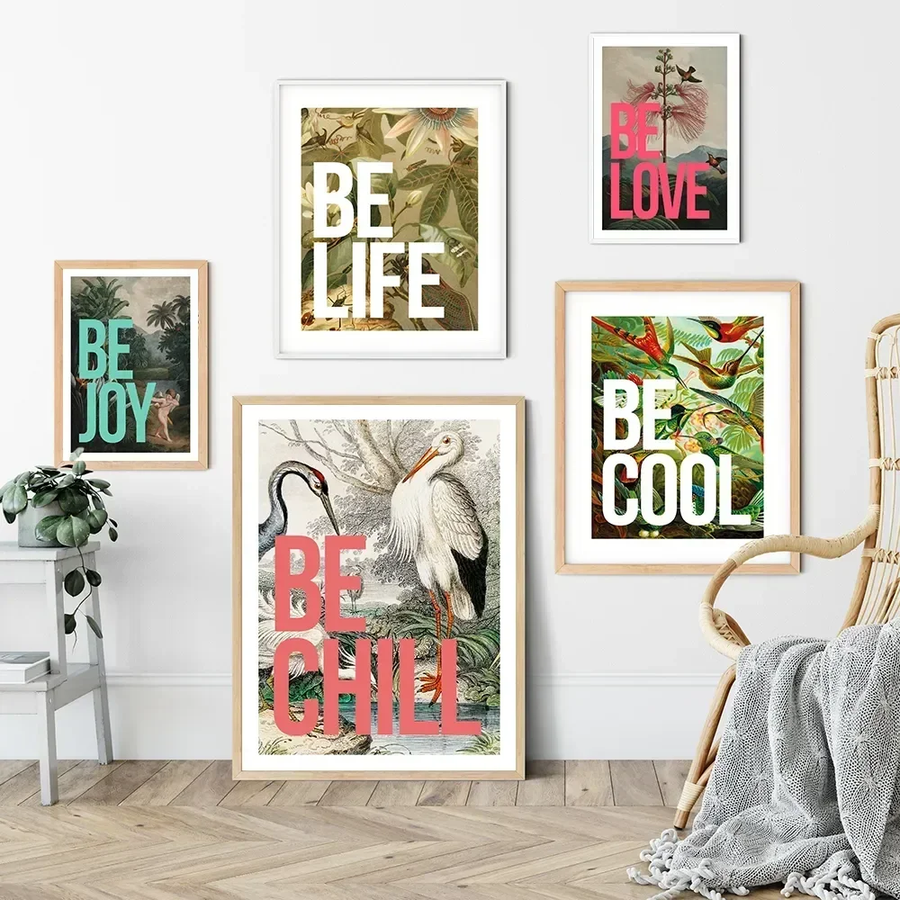 Retro Abstract Realistic Writing Birds Landscape Be Life Be Love Canvas Painting Prints Modern Living Room Wall  Home Decor