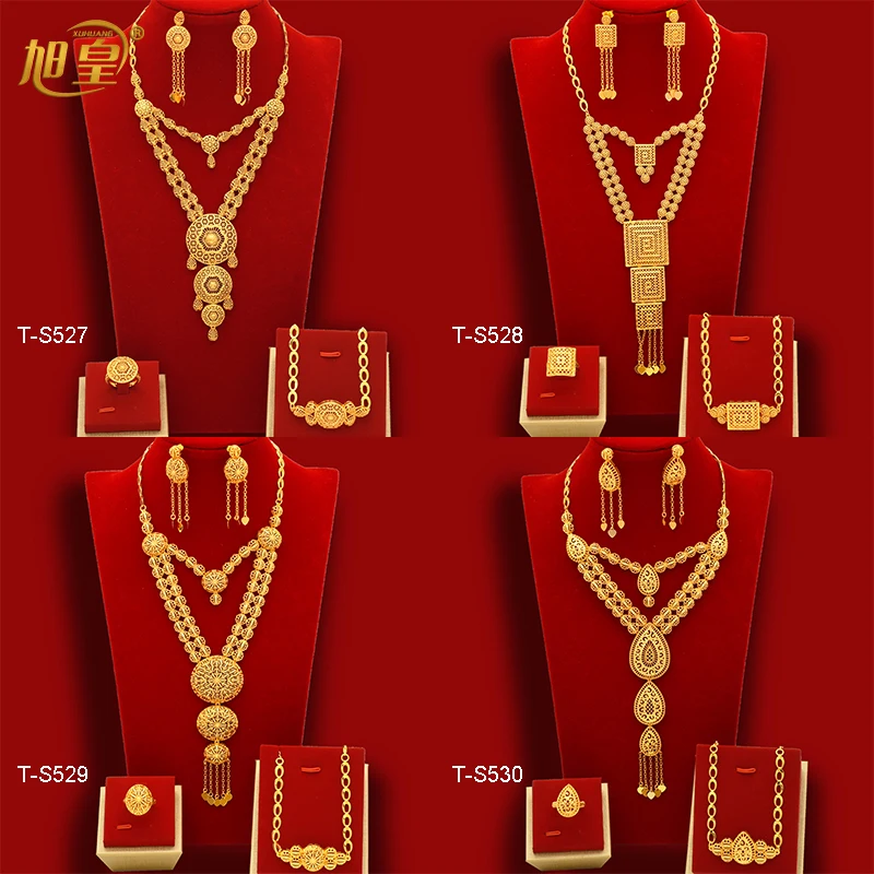 XUHUANG African Big Luxury 4PCS Dubai Gold Color Jewelry Necklace Sets For Women Bridal Wedding Sets 2024 Trend Jewellery Gifts