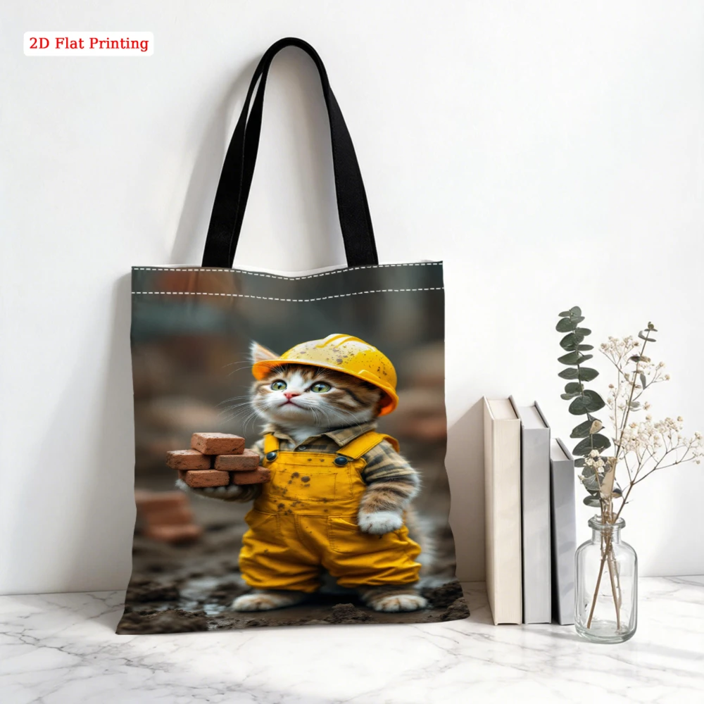 1pc Fashion Shoulder Bag Yellow Construction Worker Cat Print Tote Bag Daily Shopping Travel Storage Casual Handbag Pouch X-2