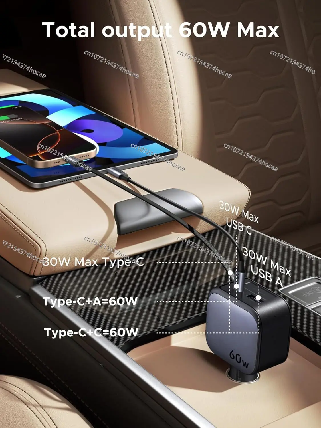 

60W 2C1A Car Charger with Retractable Cable, 3-Port Fast Charger with 30W PD USB-C, USB-A, Cigarette Lighter Adapter
