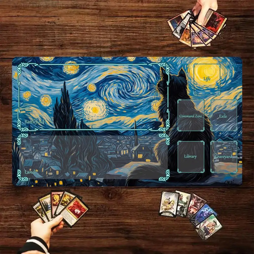 

1Pcs Starry Night Black Cat MTG Playmat, Non-Slip Rubber Base Washable Cloth Surface TCG CCG Card Game Mat, Large Locked Edge De