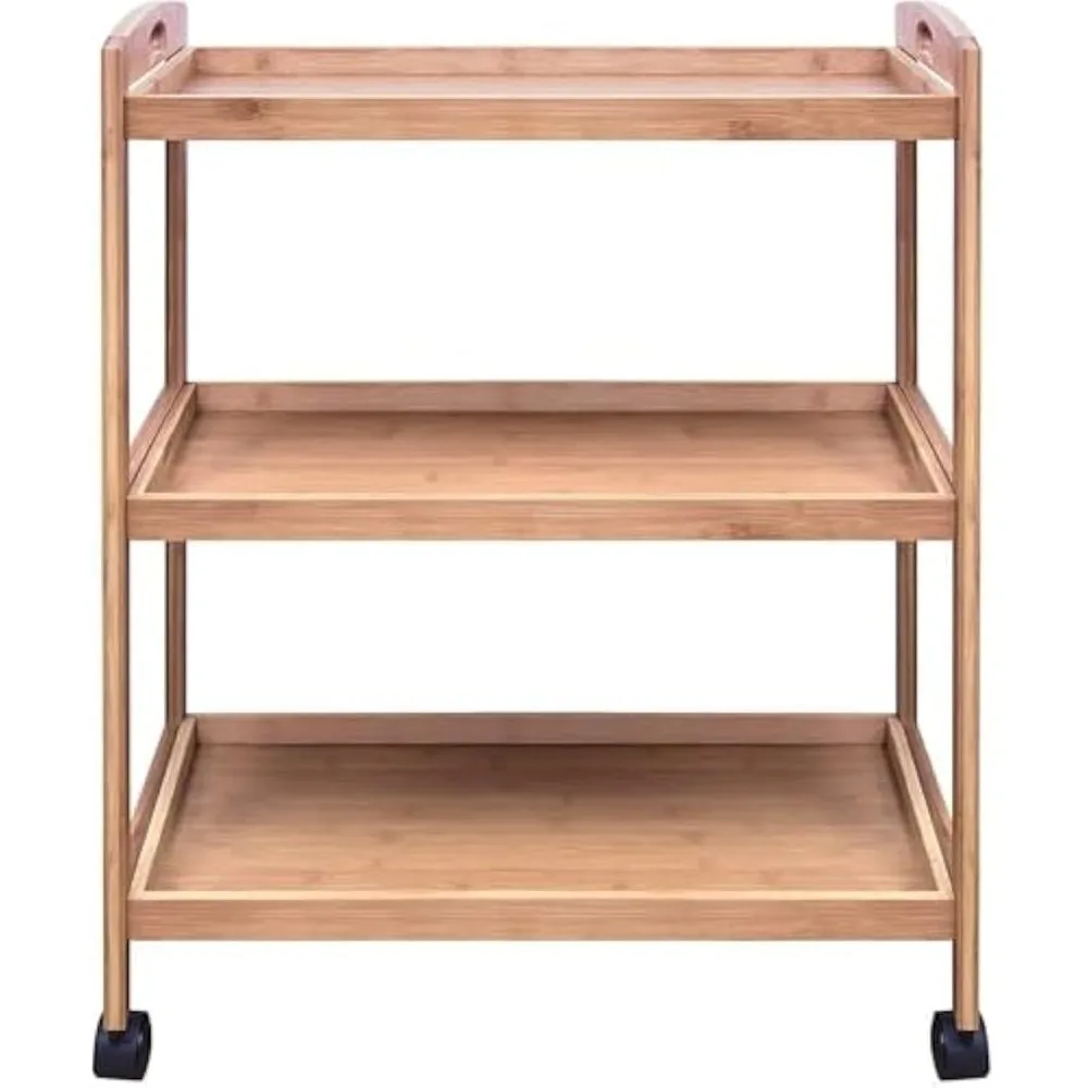 

Bamboo Kitchen Storage Rolling Shelf with Wheels, 3 Tier Island Bar Cart, Microwave Oven Serving Organizer for Home,
