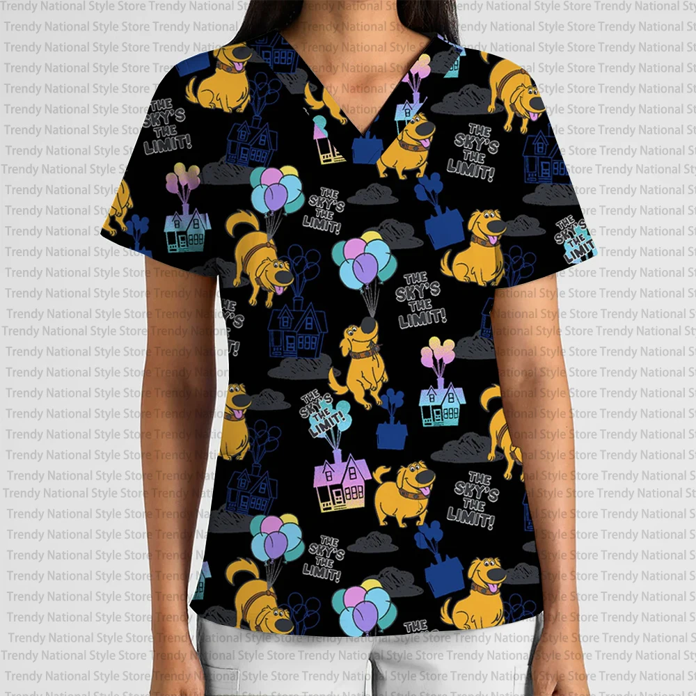 2025 New Summer Disney Cartoon Print Women's Work Uniform V-Neck Pocket Scrub Top Dental Pet Shop Beauty Salon T-shirt