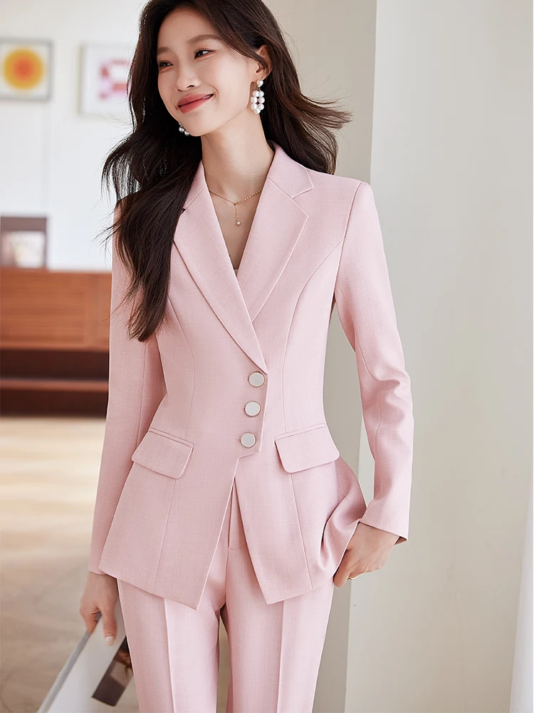 بدلة بنطلون نسائية وردي أزرق مشمش مكتب السيدات العمل 2 قطعة مجموعة السترة