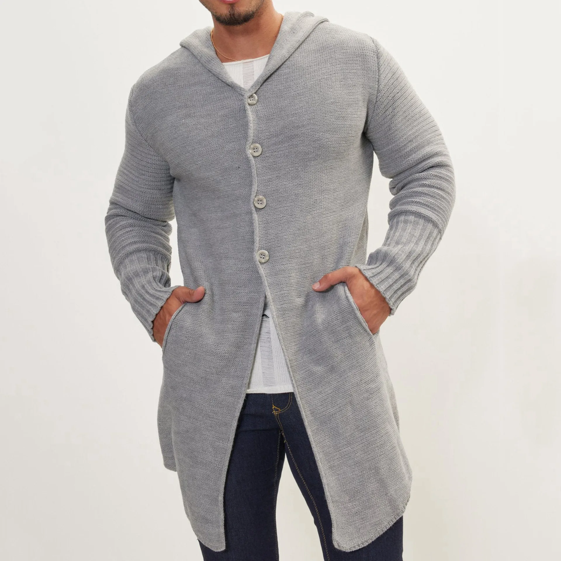 

Mens Clothing New Hooded Knitted Sweater Autumn and Winter Medium and Long Pocket Cardigan Sweater and Jacket