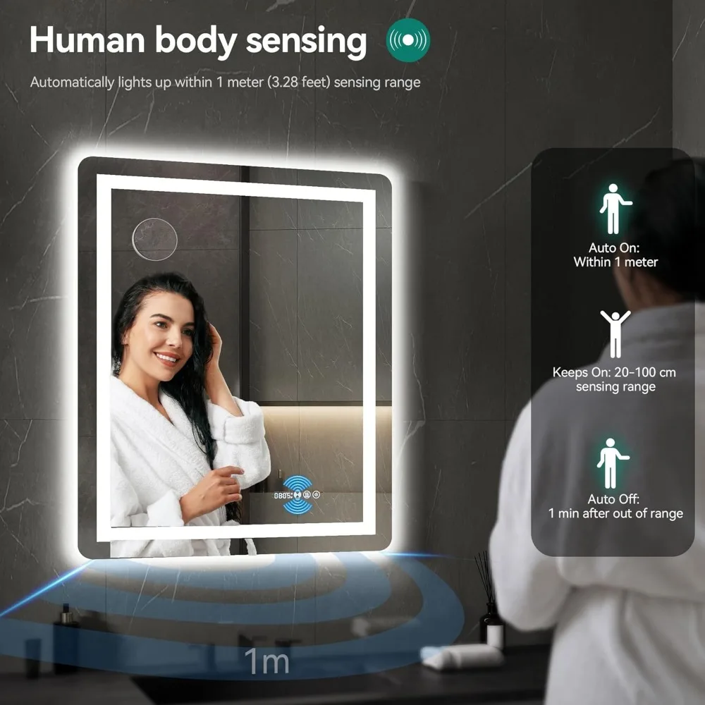 LED Bathroom Mirror with Motion Sensor, Anti-Fog, Dimmable Lights, and Magnifying Glass for Modern Vanity