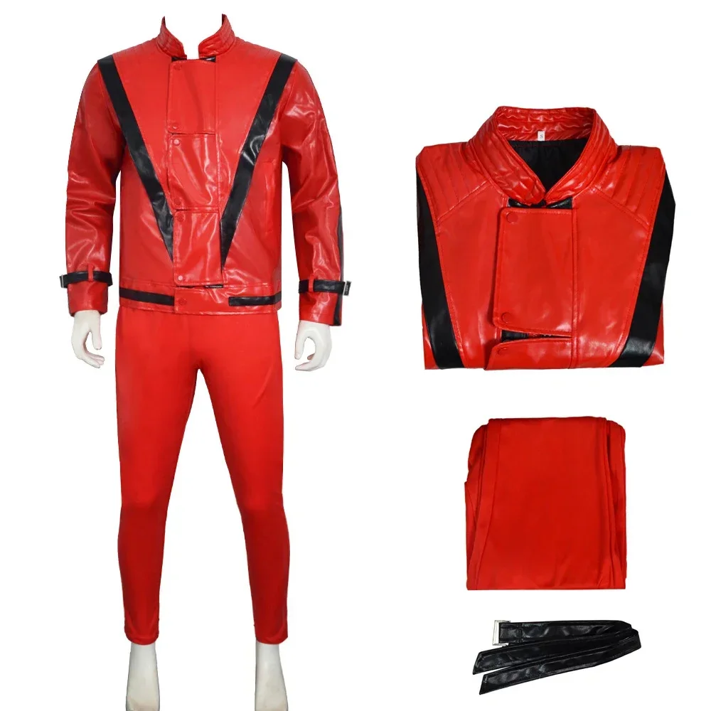 Erwachsenen-Teenager-Michael-Jackson-Cosplay-Kostüm aus rotem Kunstleder, komplettes Outfit für Halloween, Maskerade, Konzert, Themenveranstaltung.